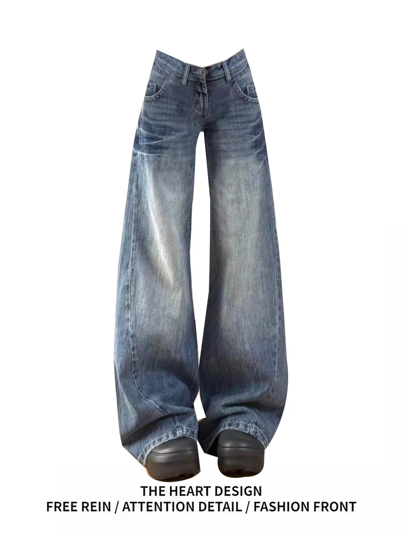 美式复古折痕阔腿牛仔裤女2025秋季新款高腰显瘦宽松窄版直筒裤子