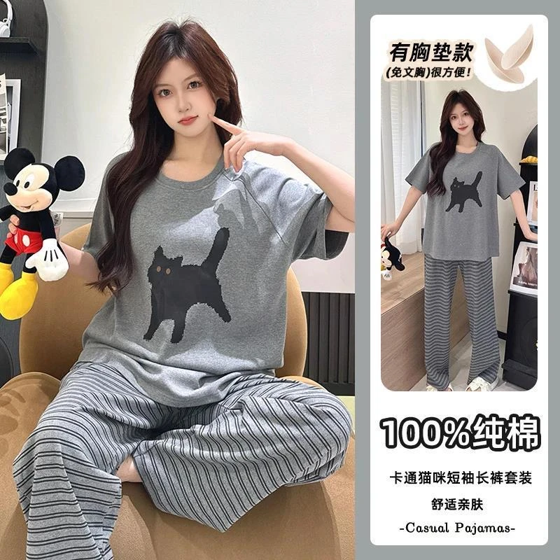 带胸垫睡衣女款夏季纯棉2025年新款短袖可外穿长裤卡通家居服套装