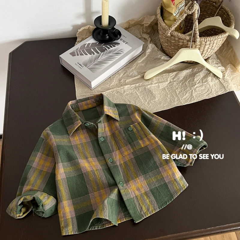现货【百分百棉】郝叔童品春季新款2025潮流洋气男童格子衬衫BY5112