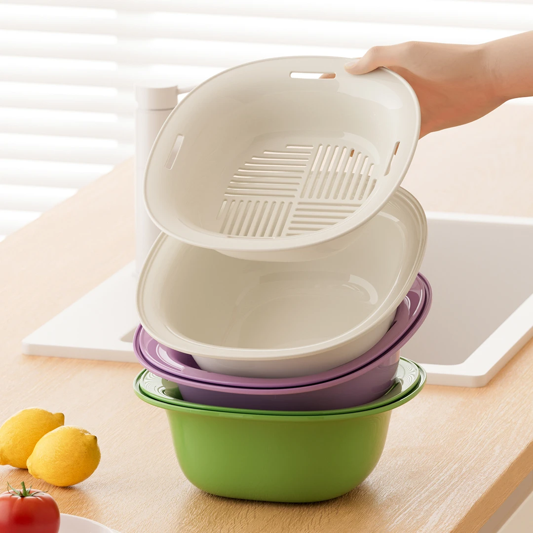 家用多功能沥水篮厨房客厅蔬菜水果收纳盆创意多用带盖沥水洗菜盆