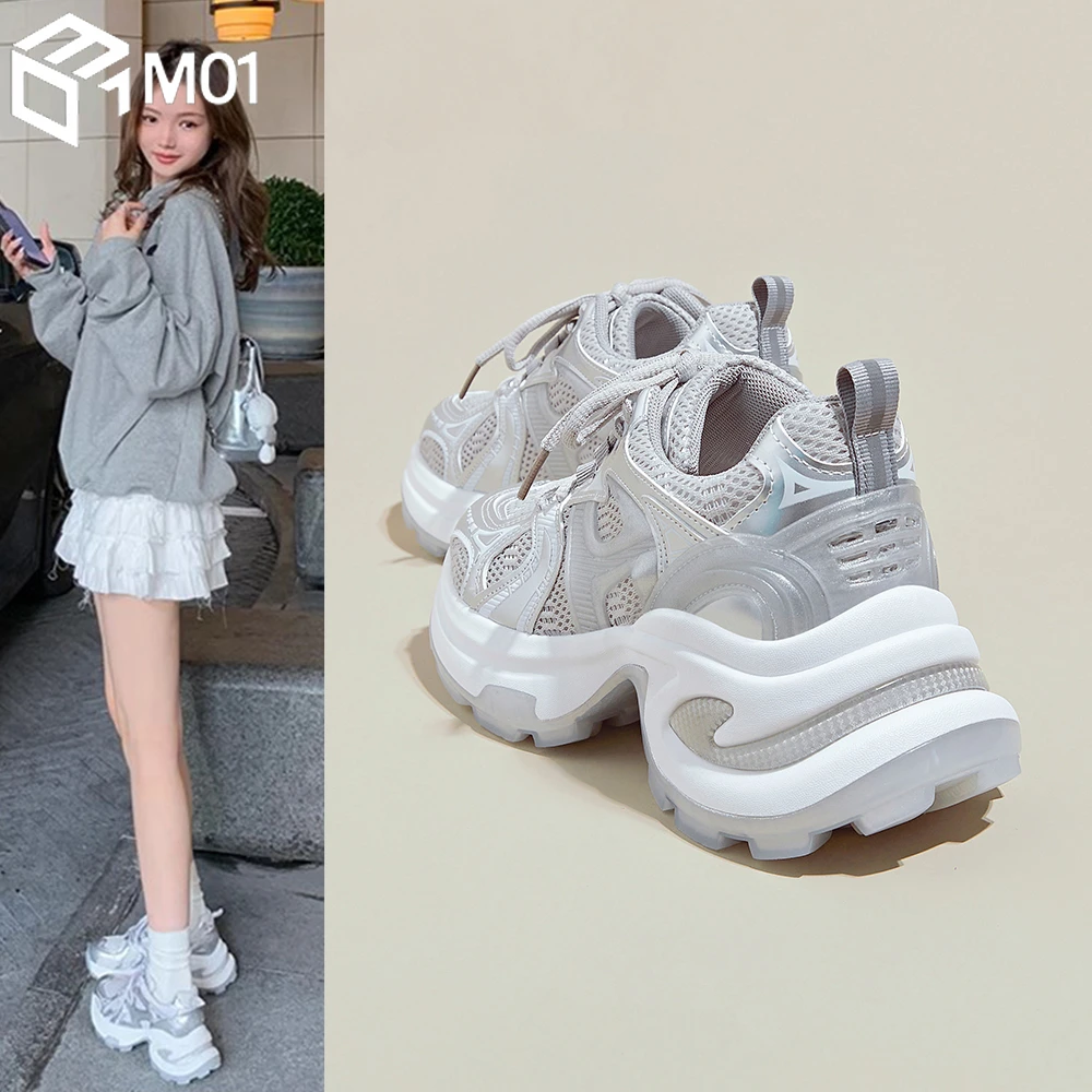 M01百搭老爹鞋女2025春季新款银白色增高厚底配阔腿裤运动休闲鞋