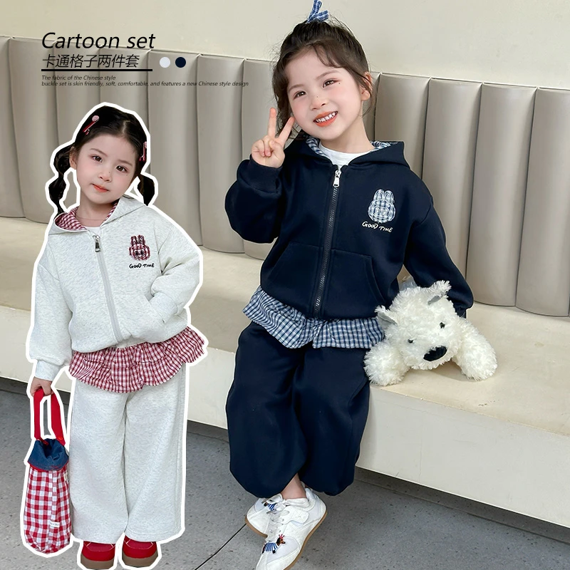 女童格子秋装连帽套装儿童春秋款洋气女宝宝外套阔腿裤两件套潮