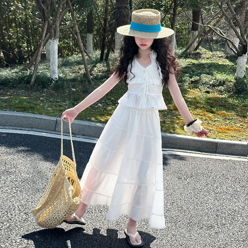 女童裙子2025新款儿童夏装套装蕾丝无袖上衣半身裙沙滩公主连衣裙