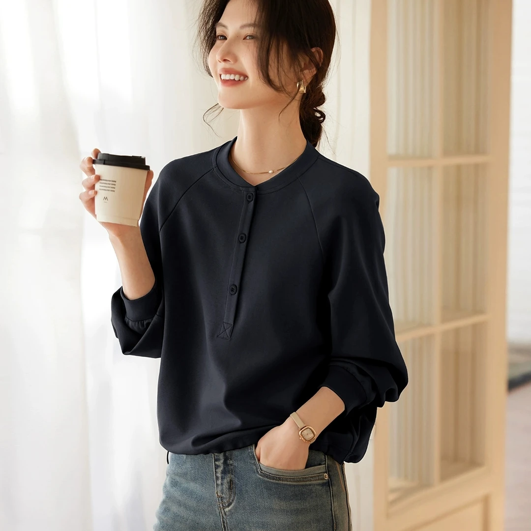 春季新款棉质半开圆领长袖卫衣女通勤简约休闲百搭收腰设计感上衣