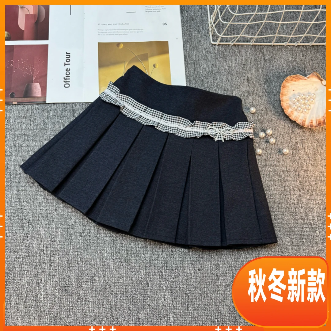 女童半身裙蕾丝秋新款儿童百褶裙子蝴蝶结花边高腰JK公主短裙裤