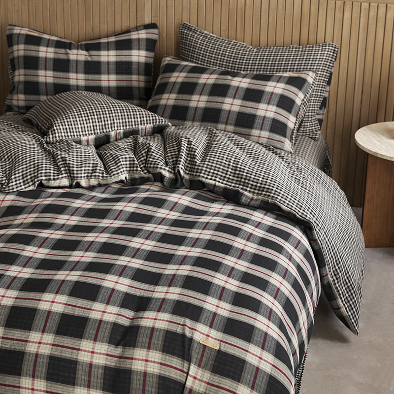 全棉双层纱被套单件150x200x230简约复古格子高级感纯棉被罩床单