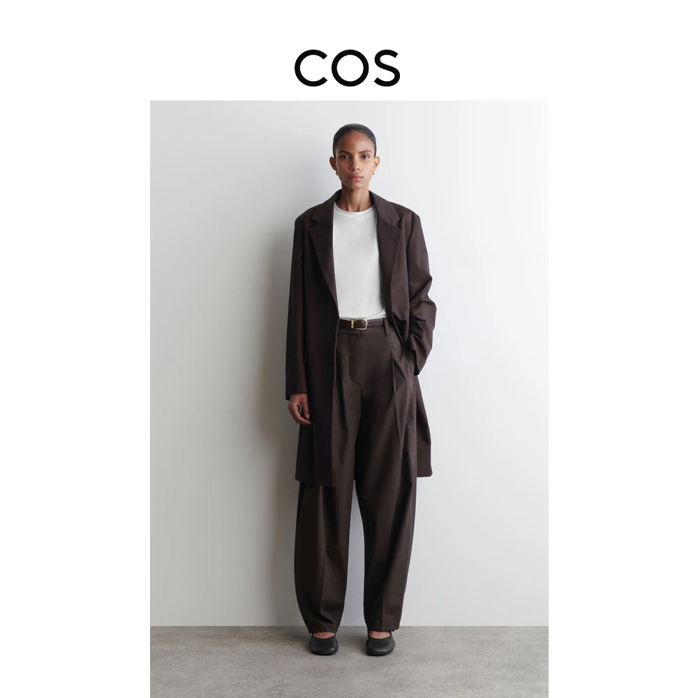 COS女装桶形褶裥棉质长裤深棕色流光风2025秋季新品1300899002