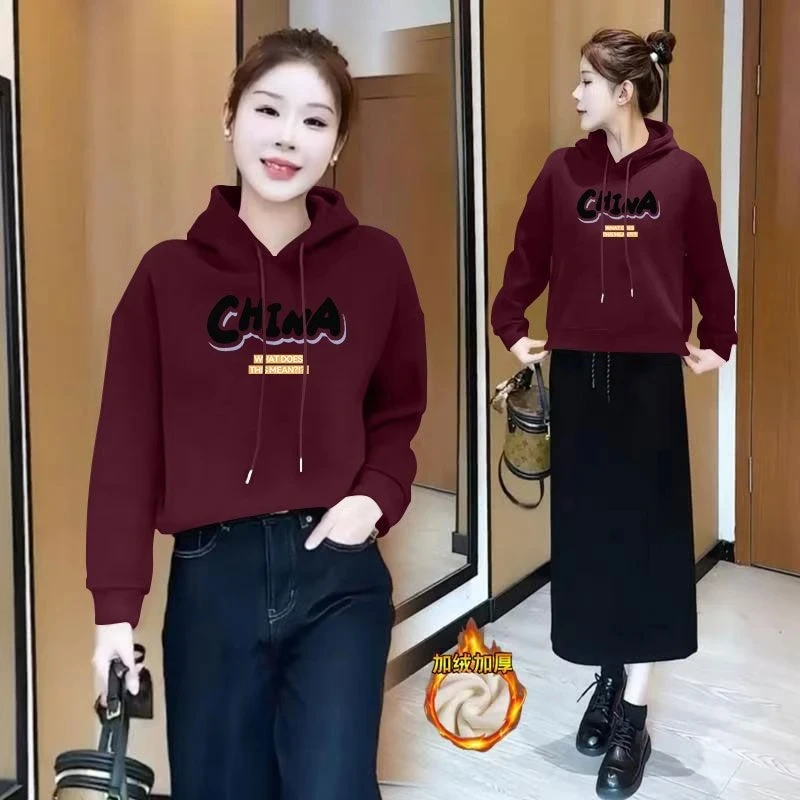 2025春季加绒加厚短款卫衣女秋冬新款宽松休闲正肩百搭上衣女ins