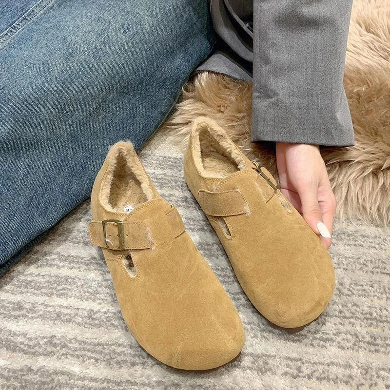 勃肯鞋女加绒保暖豆豆鞋2024新款秋冬毛毛鞋复古一脚蹬博肯二棉鞋