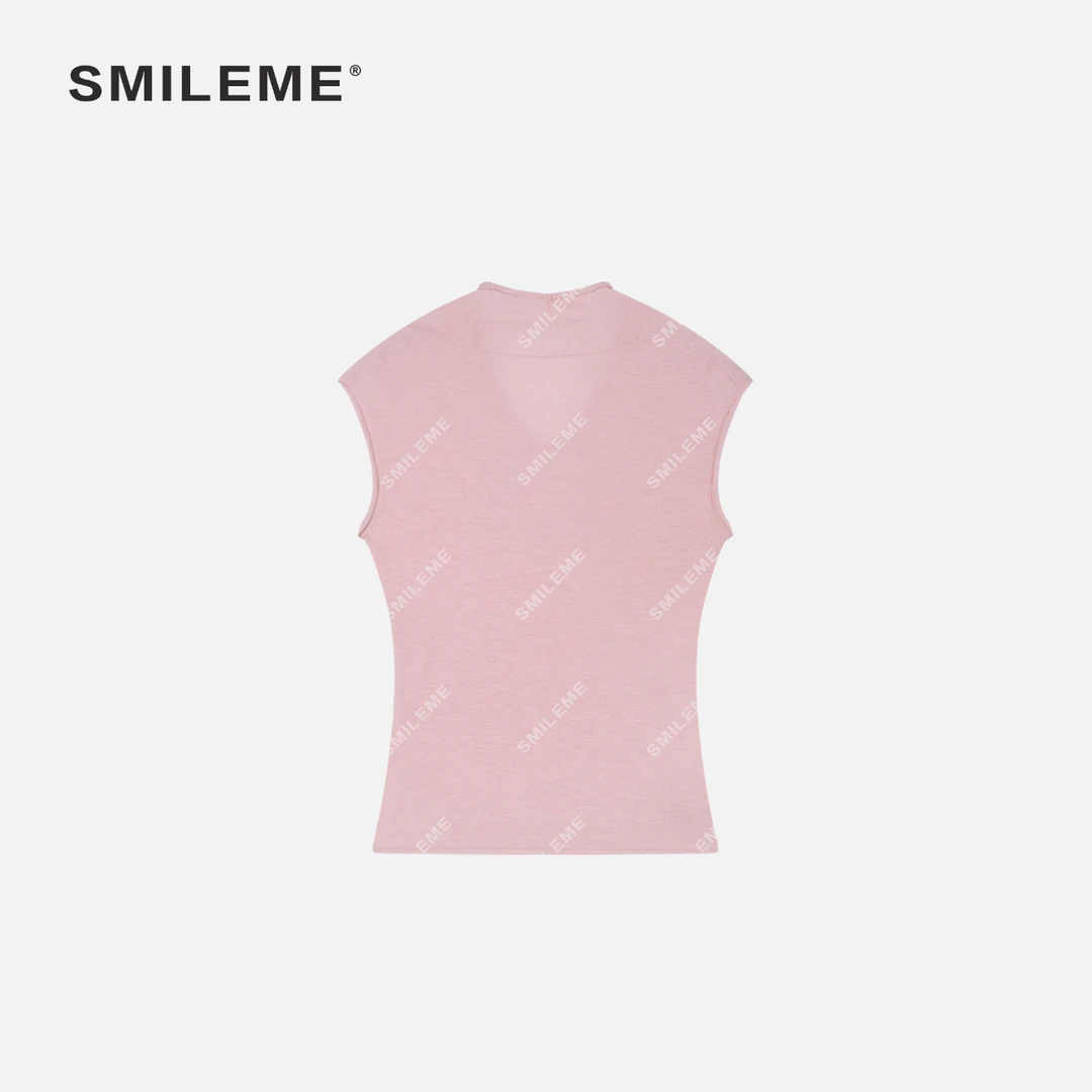 2-SMILEME【素时诗篇】夏季款卷边羊毛混纺简约感V领纯色小飞袖上衣
