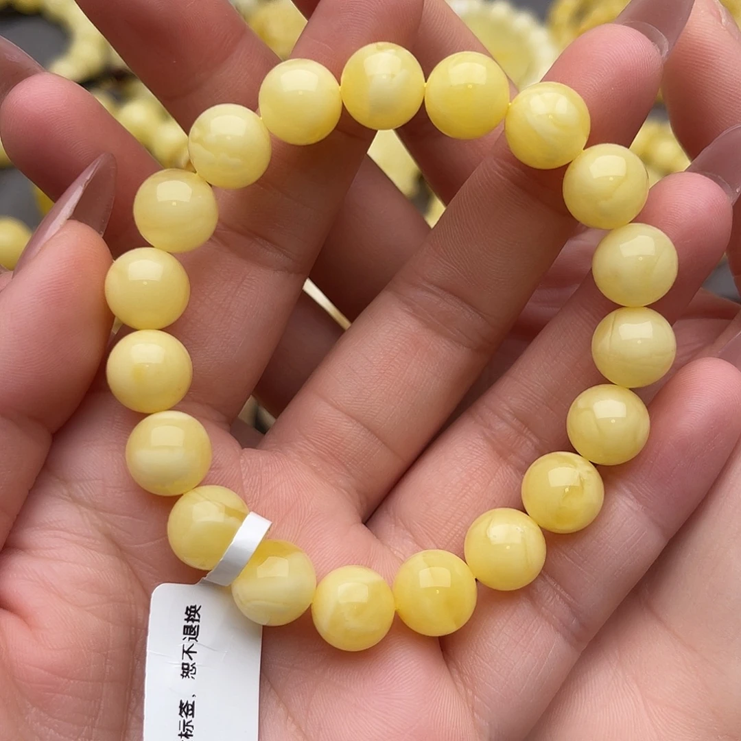 琥珀未镶嵌裸石蜜蜡圆珠手串卡十鸡油黄妖花