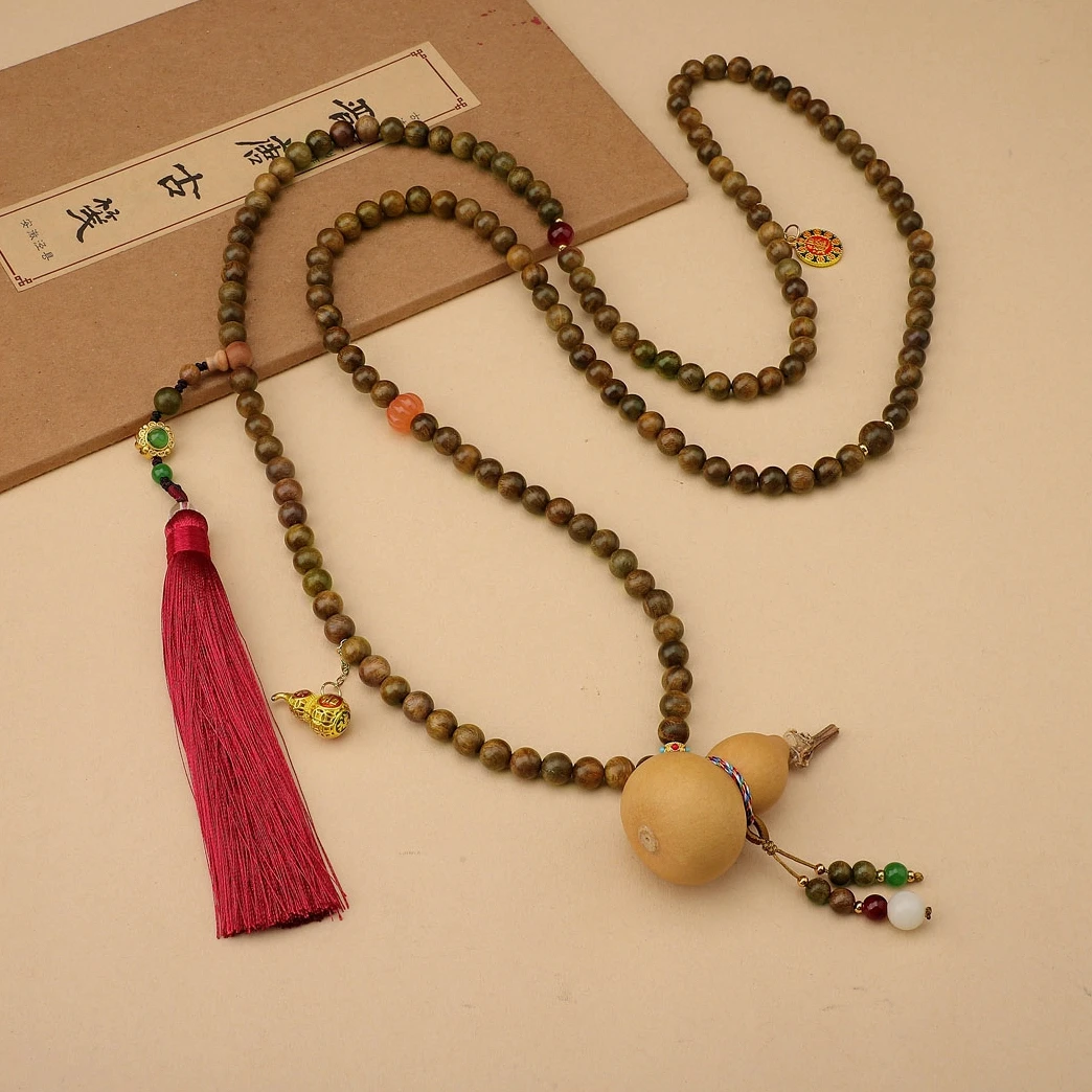 杨幂同款新中式葫芦斜挎链绿檀木串珠长款项链国风手机挂链背链