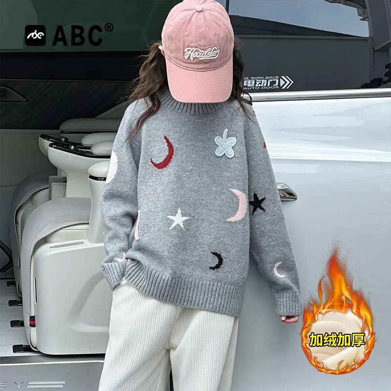 ABC女童加厚毛衣2025新款女孩休闲时尚上衣儿童秋冬款绣花打底衫