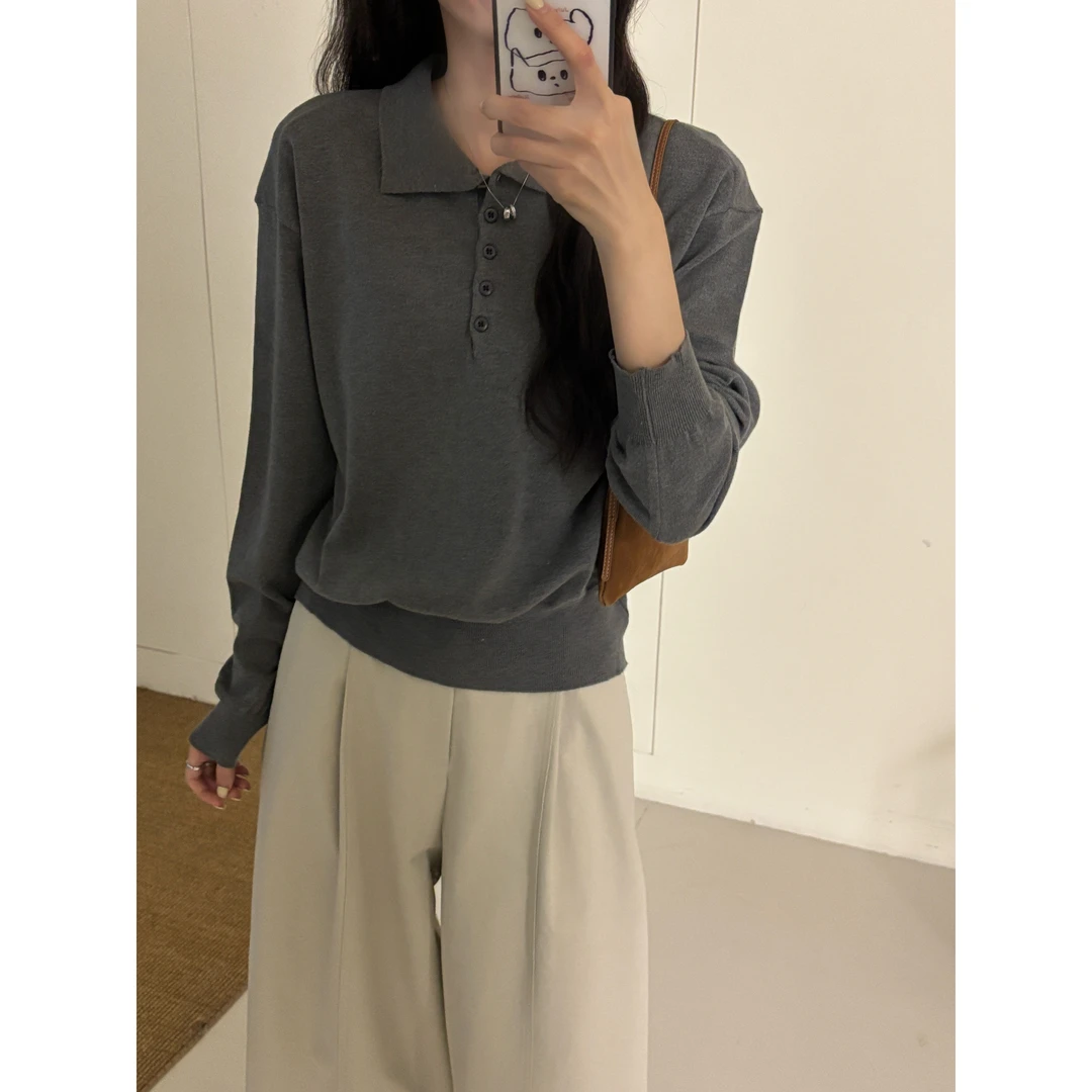 J-3308#早秋miu系干净简约显瘦polo领针织小衫