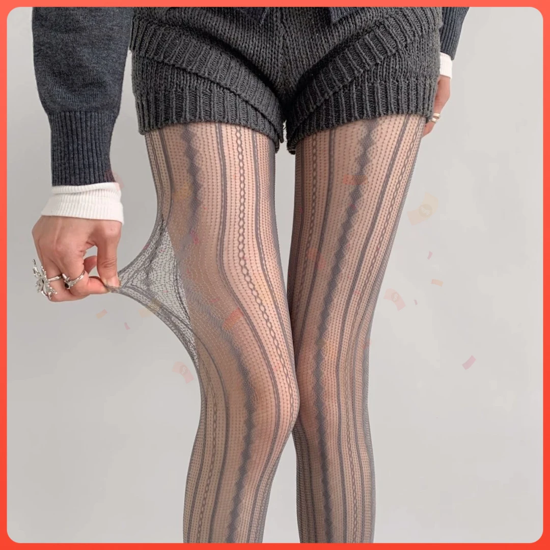 蕾丝丝袜复古菱格竖纹镂空辣妹灰色连裤袜女春夏季薄款打底袜