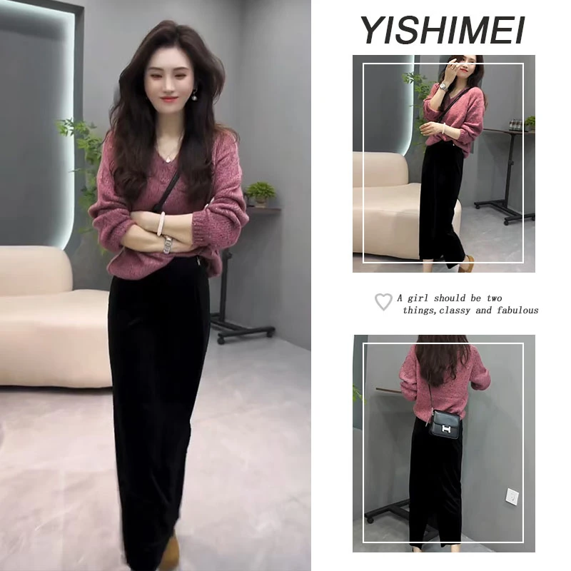 秋装搭配一整套2025年新款韩系百气质简约v领毛衣半身裙两件套装