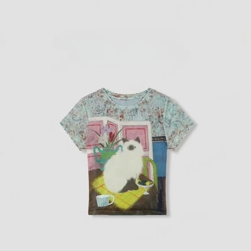 美式复古条纹设计感休闲T恤印花时尚女打底圆领修身显瘦短款上衣