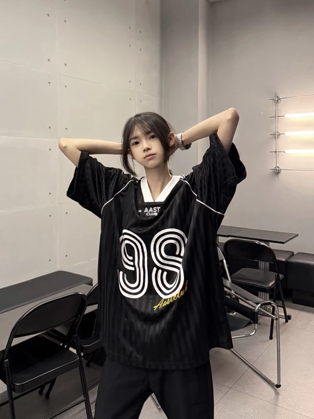 HUIHANG美式复古球衣短袖T恤男女夏季宽松休闲上衣ins潮牌ins