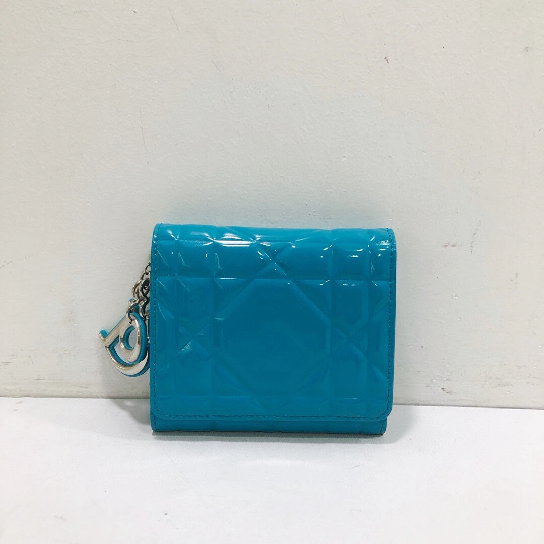 95新 DIOR/迪奥 蓝色全皮藤格纹三折钱包