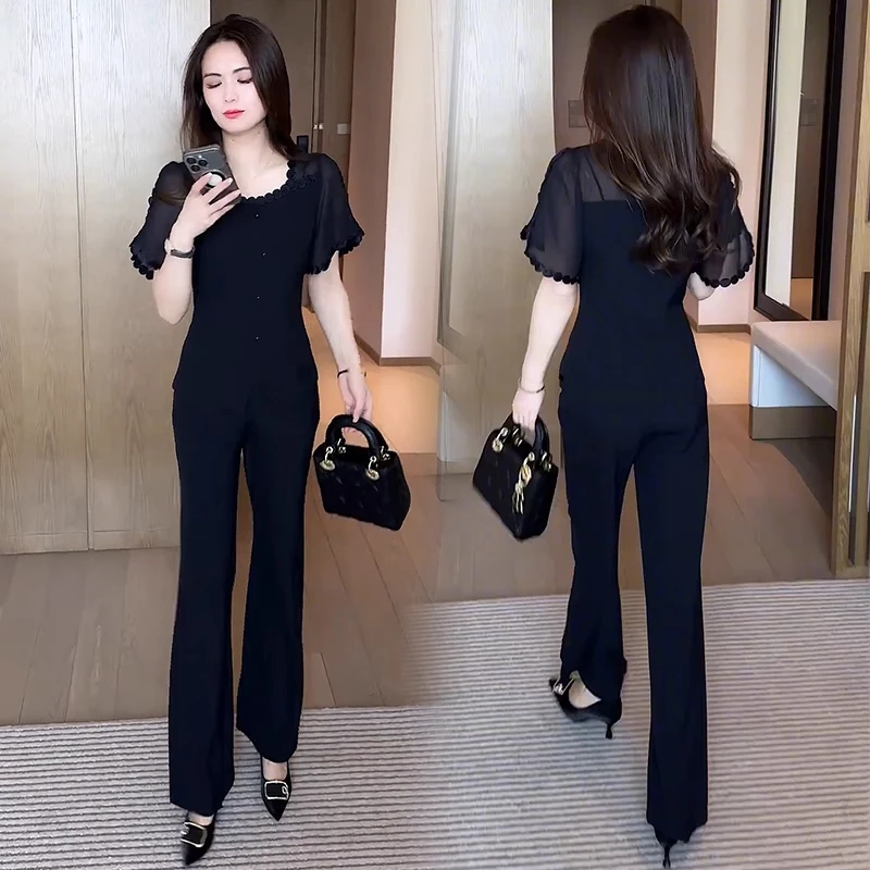 雪纺时尚套装女2025夏季新款洋气显瘦短袖上衣高腰阔腿裤两件套潮