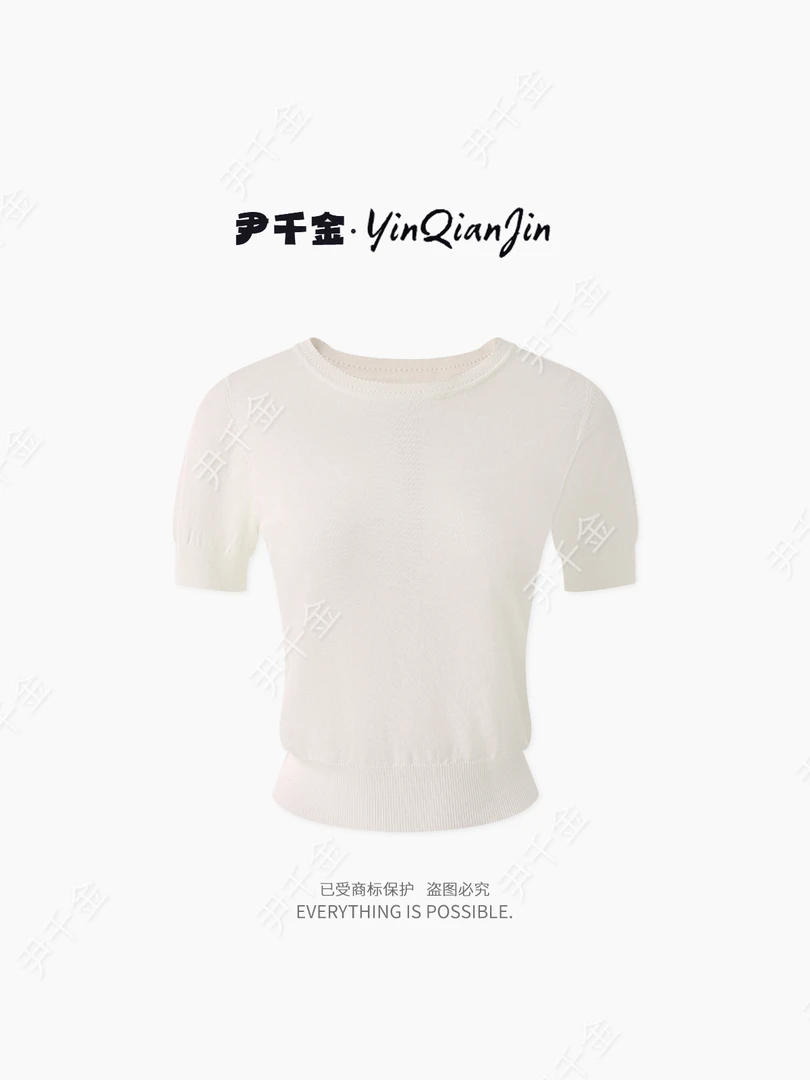 尹千金J【牛奶布丁】100莱赛尔温柔滤镜奶白色圆领针织短袖S257215