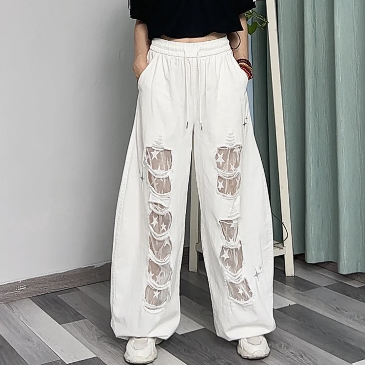 XY#25831蕾丝贴布破洞跳舞长裤阔腿宽松欧美设计感休闲百搭潮流