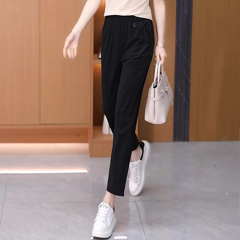 优迪茵冰丝速干裤子女夏季薄款新款宽松大码九分直筒休闲运动裤