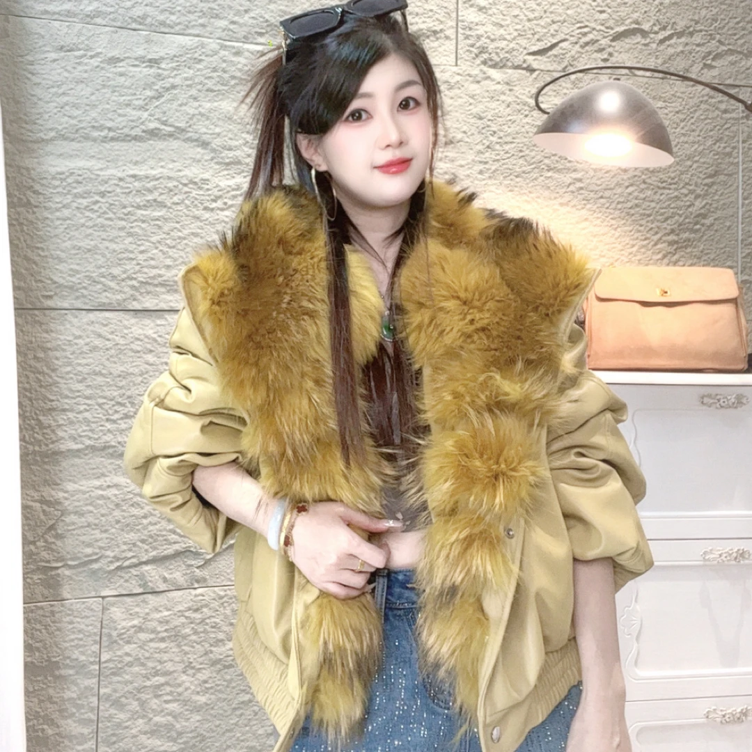 Bikamo/2025宽松型长袖休闲风厚款毛领拼接轻奢皮衣外套p0412黄