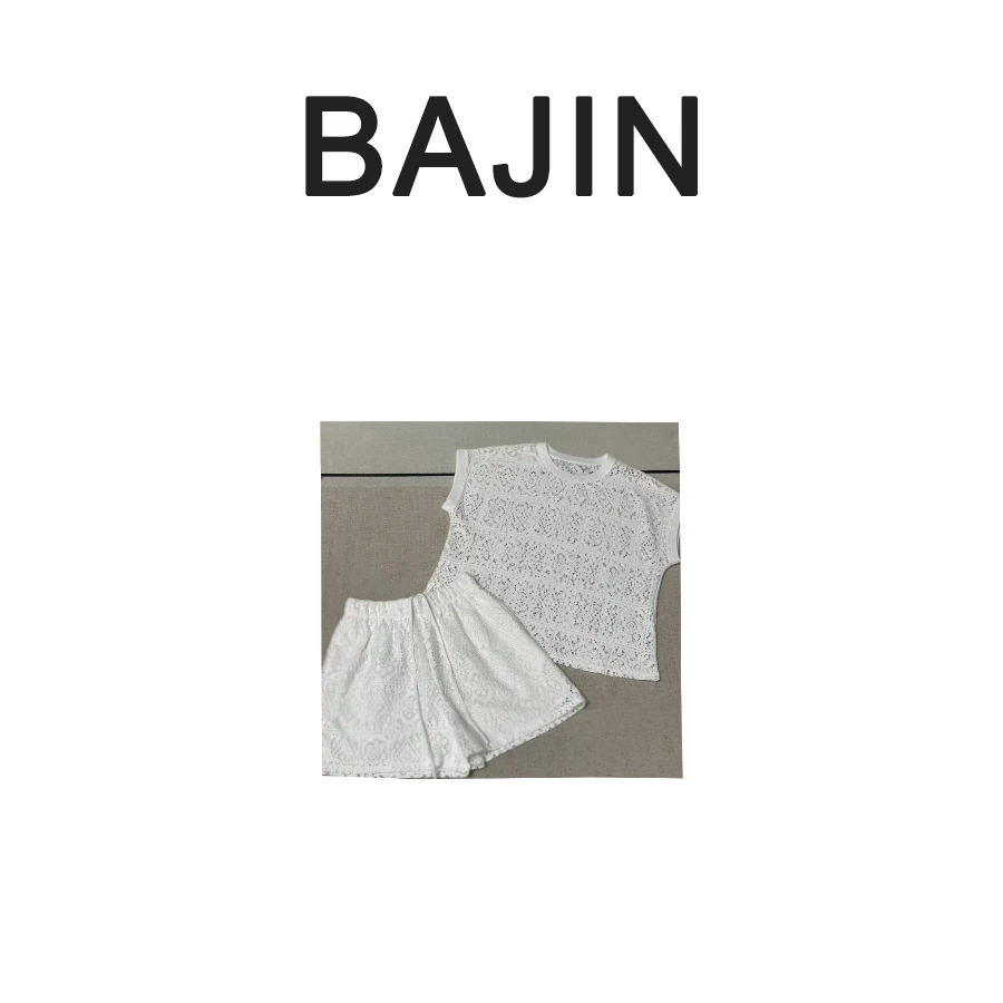 B2318【夏季新品天丝莱赛尔棉镂空针织短裤套装国风复古休闲风】