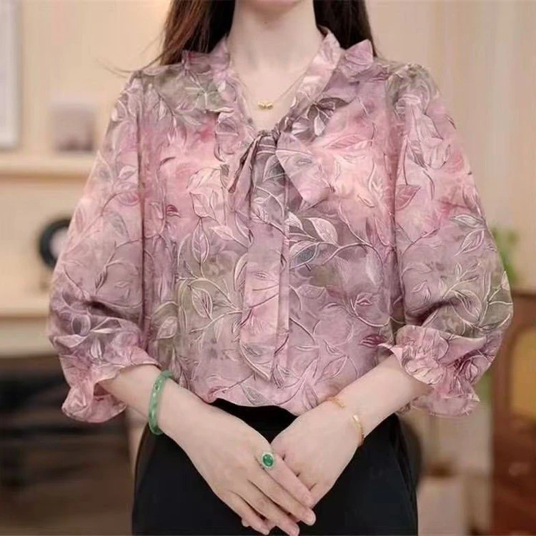 直播爆款2025春季新款时尚飘带法式减龄洋气女装衬衫上衣