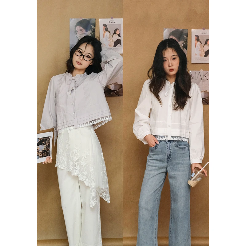 商场同款/百武西“烟紫”清冷氛围感系带百搭1oo棉长袖衬衫女1451