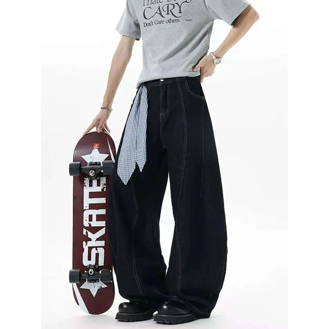 美式解构拼接弯刀牛仔裤男女夏季cleanfit设计感宽松百搭阔腿长裤