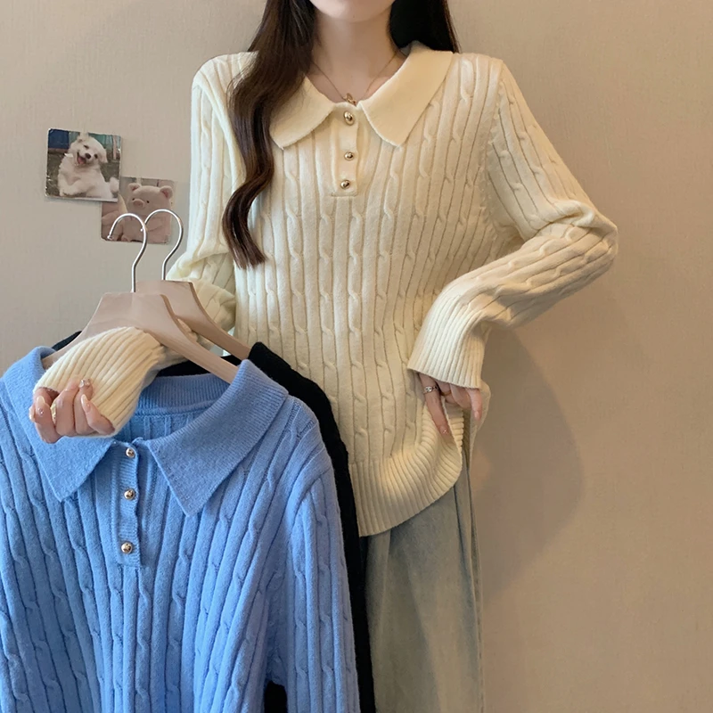 3485大码女装2025春季新款洋气针织衫宽松显瘦polo领长袖加厚毛衣