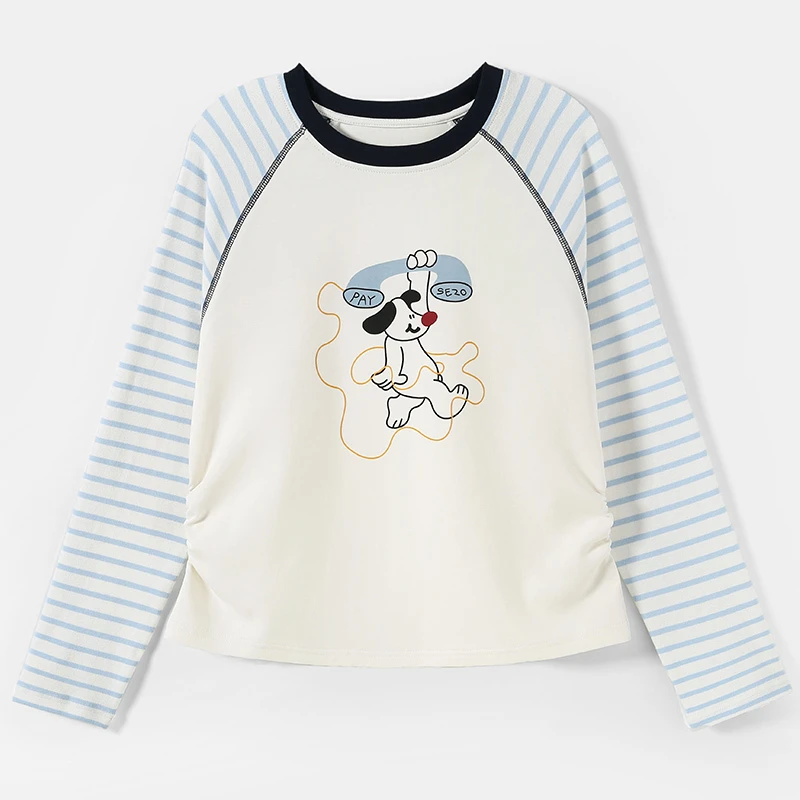 25805女大童T恤2025秋季新款卡通印花12-18岁女童条纹圆领套头