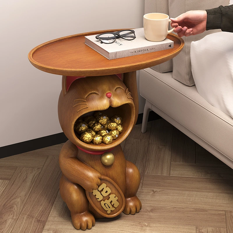 客厅落地摆件高级感电视柜沙发旁托盘边几床头柜收纳木纹猫装饰品