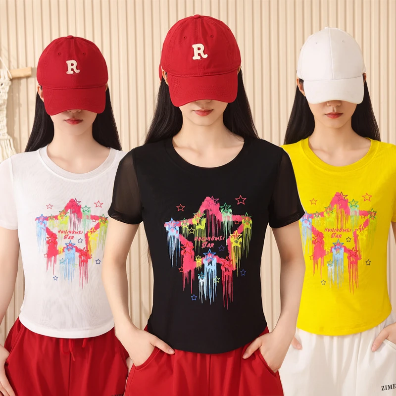 2025夏季新款广场舞上衣女软纱短袖健身休闲衣跳舞舞蹈服团队演出