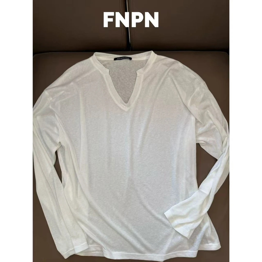 FNPN透感莱赛尔夏季V领薄款宽松慵懒长袖罩衫T恤