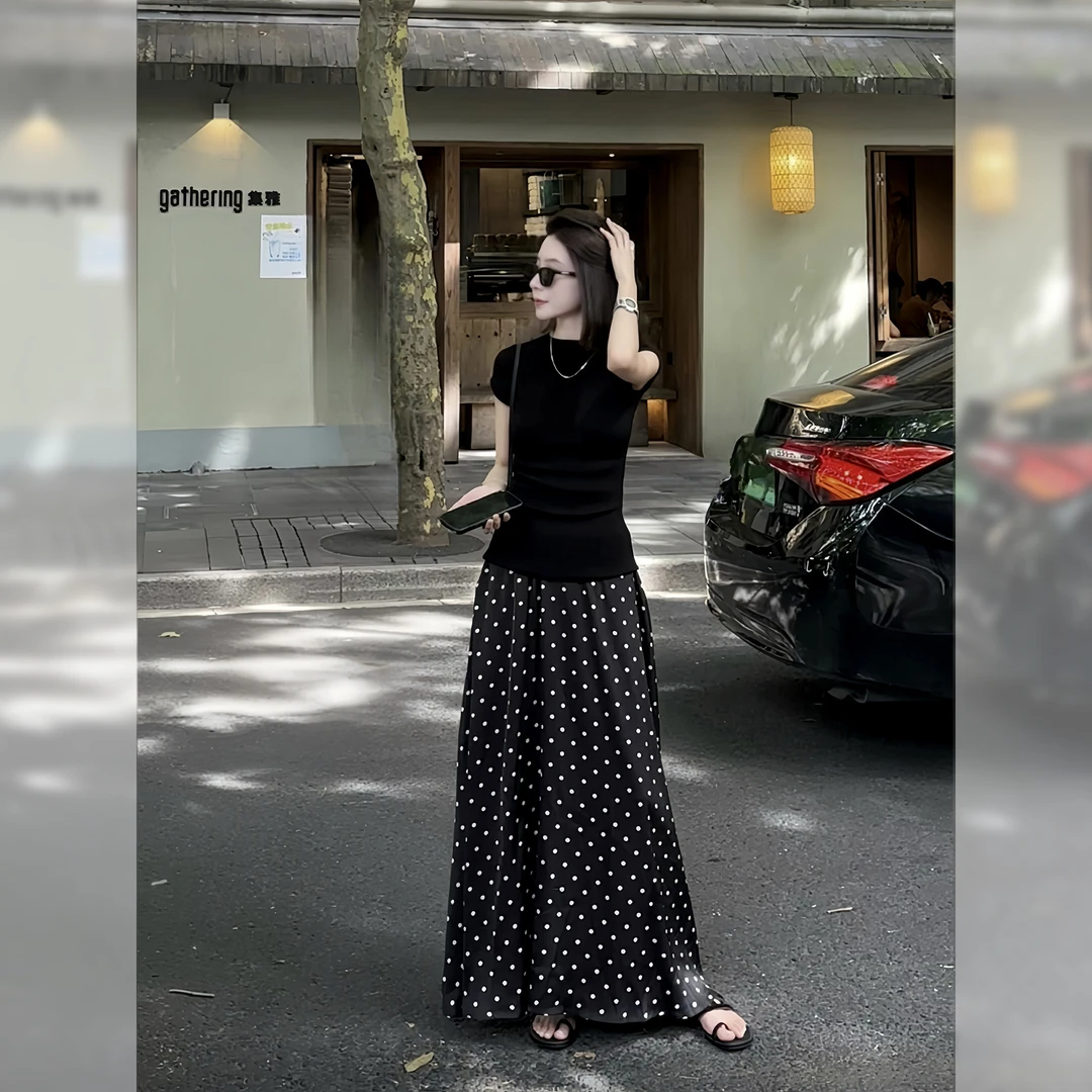 珐悦 法式复古夏季经典4显瘦时尚斜裁气质百搭黑色波点半身裙女