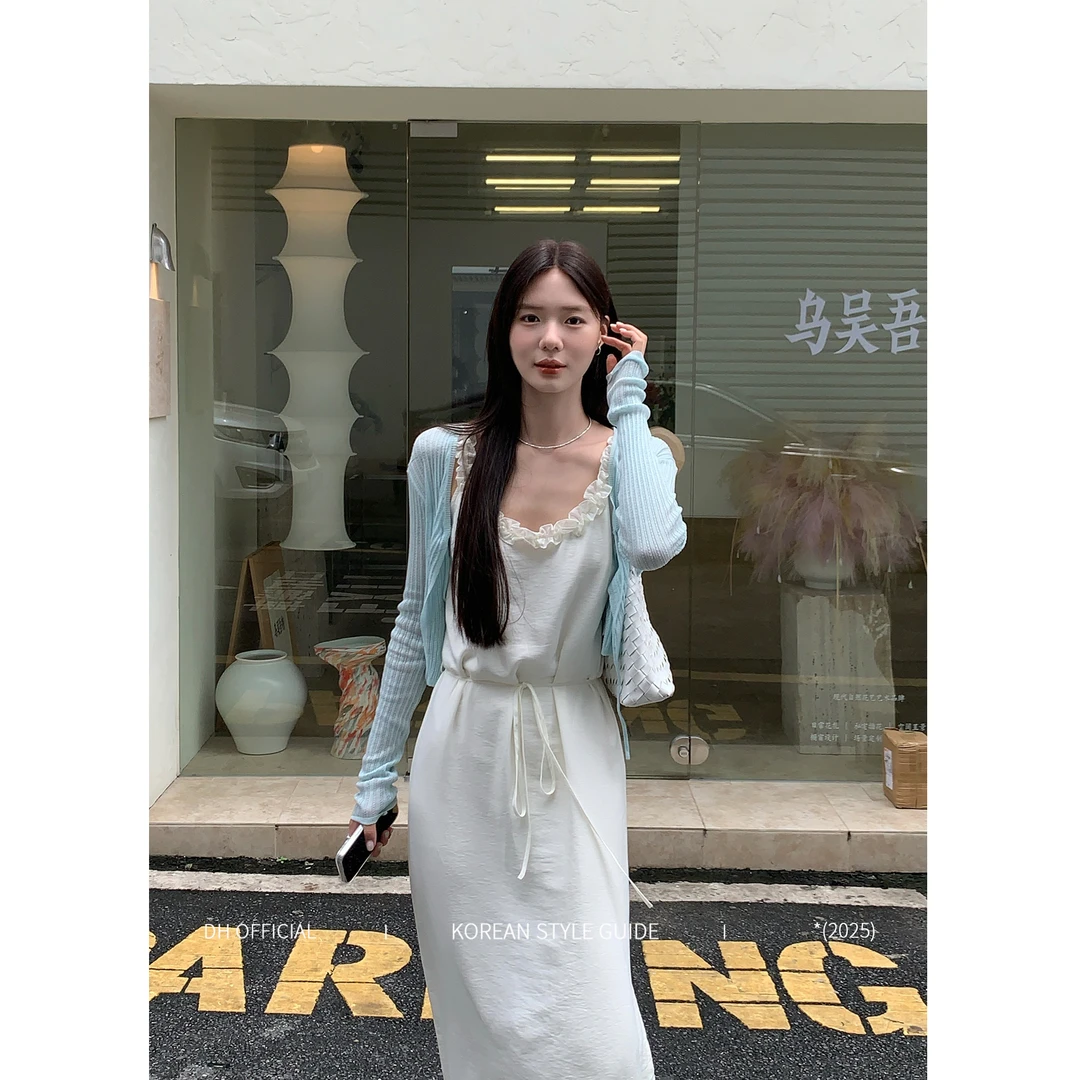 DH OFFICIAL 大花【海盐气泡水 sea】优雅绑带蝴蝶结天丝麻针织开衫