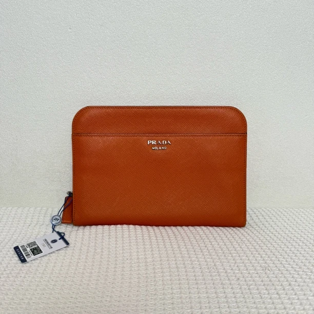 99新 Prada/普拉达 98新/5892时尚经典橘色全皮手拿包