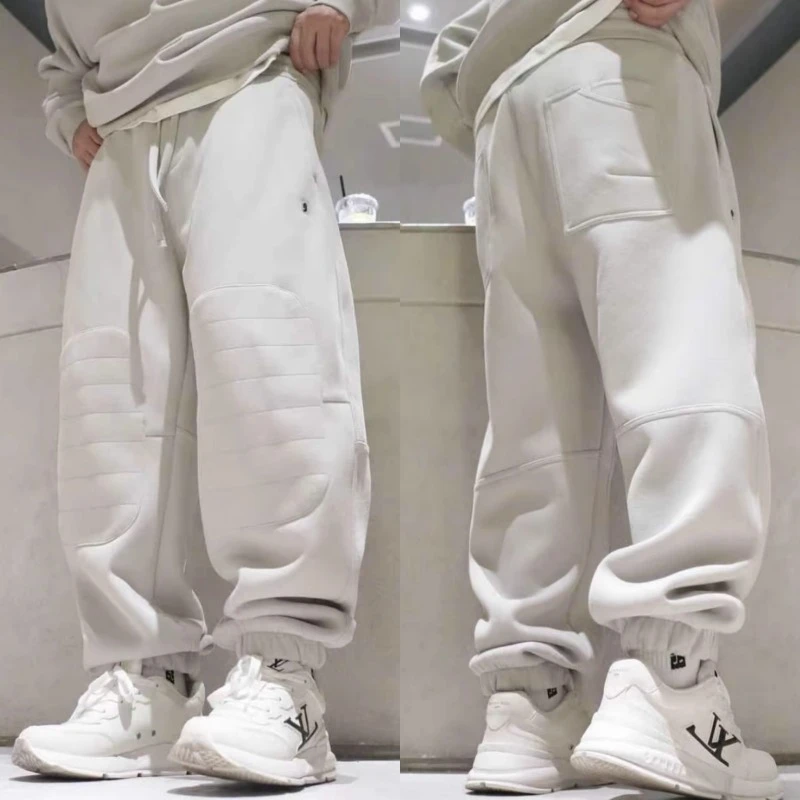 冬季新款拼接时尚加绒加厚束脚卫裤男纯色百搭刺绣宽松休闲哈伦裤