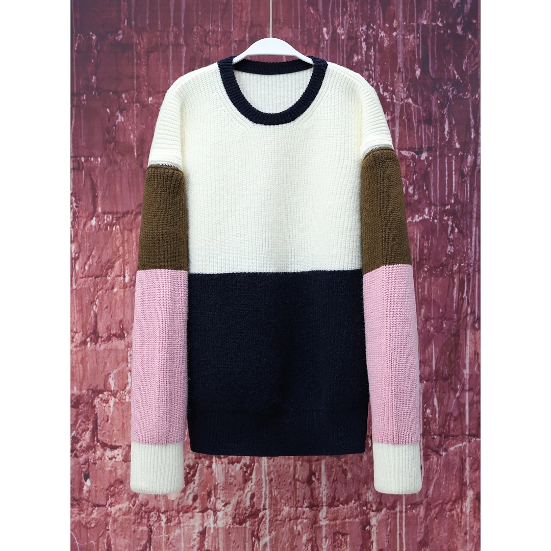 【韩哥女装】2024冬季慵懒风穿搭三色拼时尚简约感毛衣2511