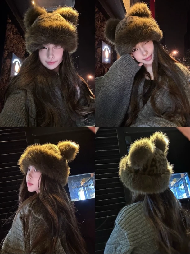 毛茸茸！复古豹纹蒙古小熊帽（YWMZ015#）爱唯依