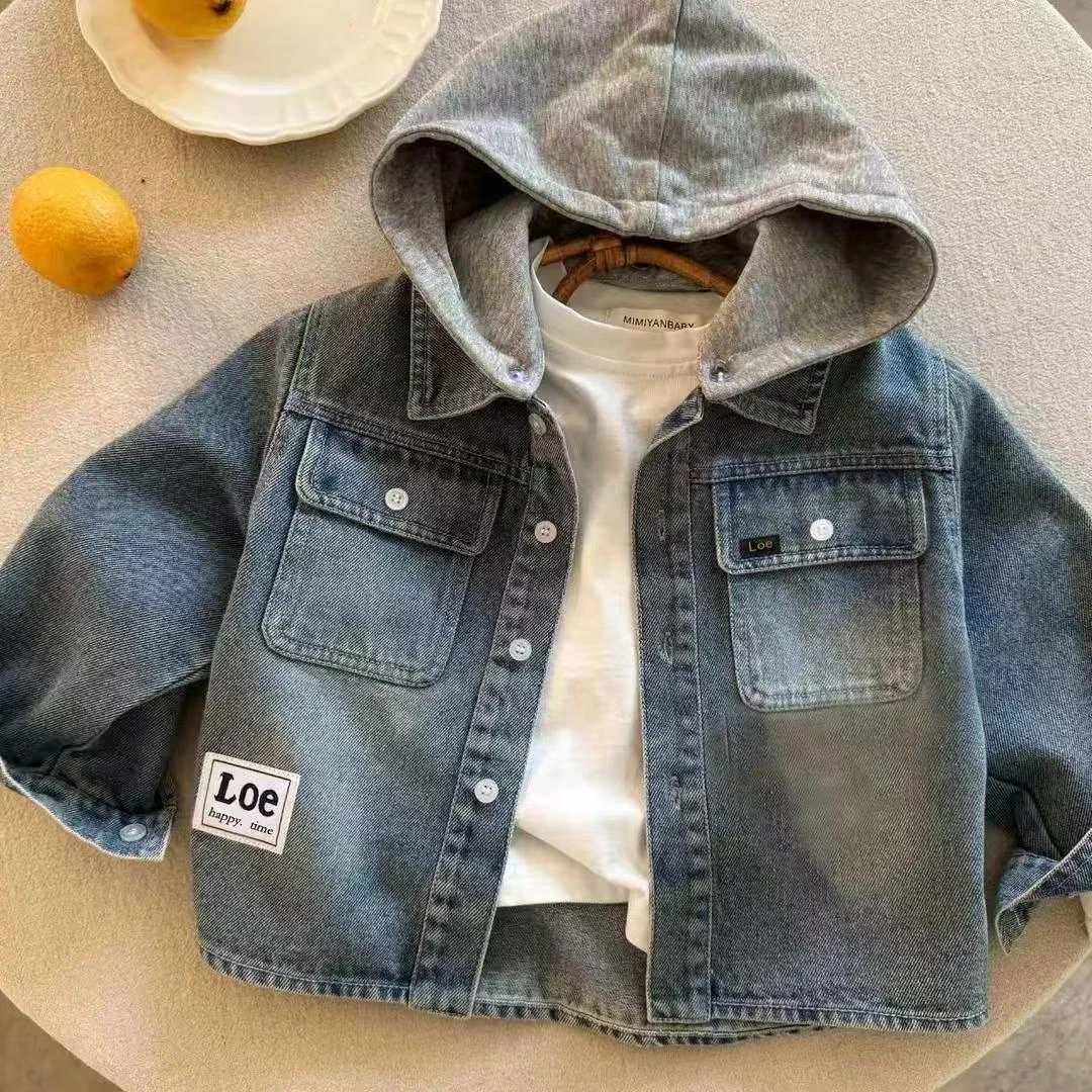 儿童春秋外套2025春男童日系潮牌连帽牛仔宝宝洋气夹克女童上衣潮