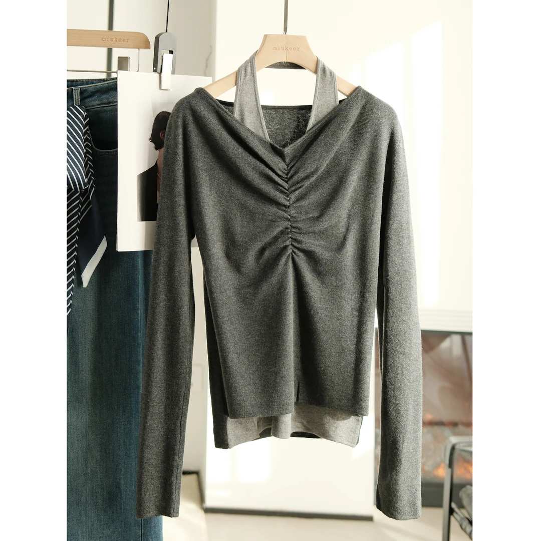 小众设计感 v领挂脖撞色假两件针织衫 巴素兰羊毛长袖打底衫毛衣