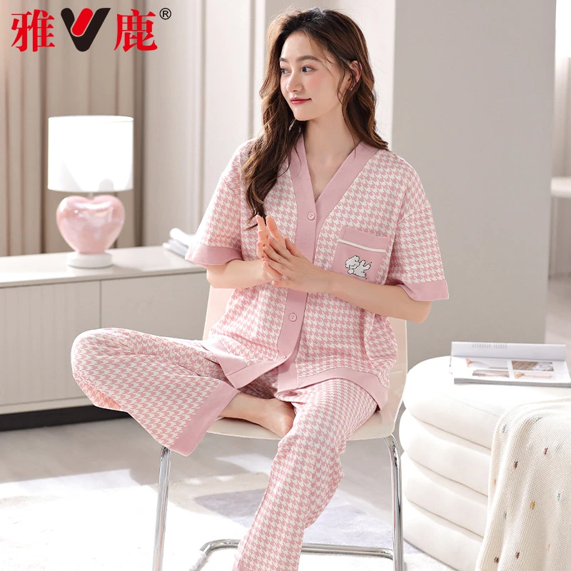 雅鹿2025年新款短袖长裤睡衣女夏季和服纯棉少女士学生休闲日系家