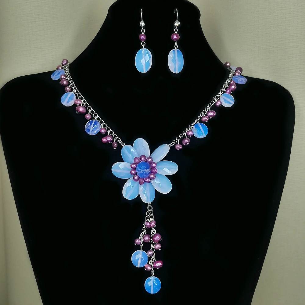 B&W手工串珠系列月光紫琉璃花朵套装项链41+6cm[2501204-078]