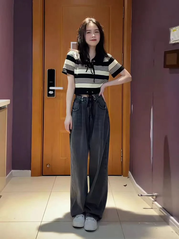 盐系穿搭韩系辣妹露脐polo领黑白条纹短款上衣