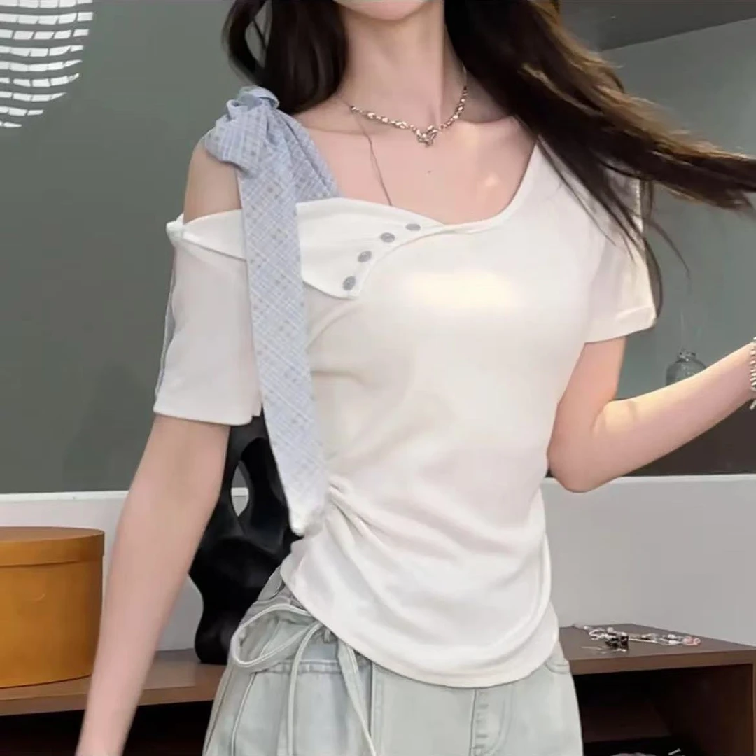 2025夏季新款甜美风不规则绑带蝴蝶结纽扣设计感修身短袖上衣ins