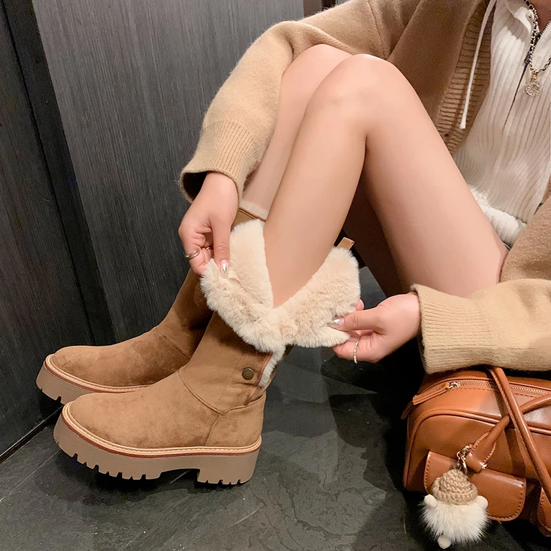 冬季雪地靴女款加绒加厚防滑中筒靴厚底东北保暖防寒大棉鞋羊毛